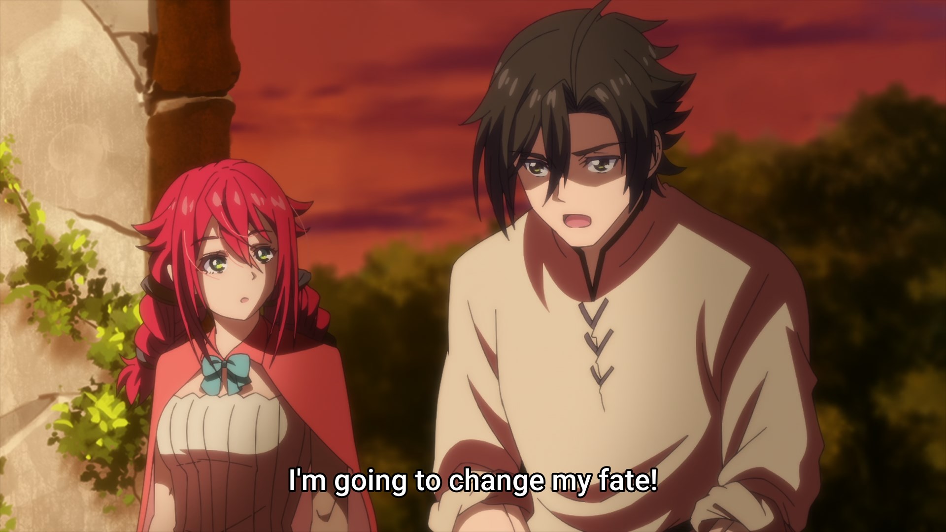 I am going to change my fate, says the dark haired protagonist to himself while his red haired childhood friend looks on anxiously